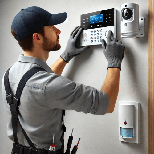 Technicien installant un système d’alarme dans un bâtiment professionnel.

