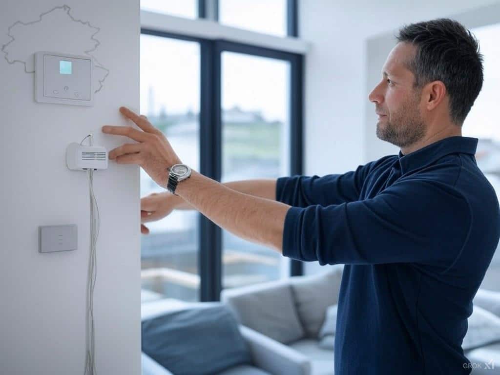 Technicien installant un capteur de mouvement pour un système d’alarme professionnel