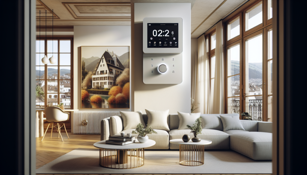 It sounds like you're describing a scene or wanting to implement a smart home alarm system in a modern living room located in Nyon. I can provide you with a description of how such a system could be integrated into a living room and some steps to consider if you're planning to install one. **Description of a Smart Home Alarm System in a Modern Living Room:** Imagine a modern living room in Nyon with sleek furniture, clean lines, and a minimalist aesthetic. On a prominent wall, perhaps adjacent to the main entrance, you'll notice a small, unobtrusive device mounted at eye level. This is the central control panel of the smart home alarm system. It usually features a touchscreen interface with a modern, user-friendly design that blends with the room's contemporary decor. This smart panel is connected to various sensors and devices throughout the home, such as motion detectors, door and window sensors, security cameras, and smoke detectors. These components are strategically placed and are designed to be as inconspicuous as possible, keeping with the room's modern theme. Cameras, if visible, have a sleek design that matches the overall aesthetic of the room. The system is integrated with a mobile app, allowing homeowners to control the alarm remotely. With a few taps on their smartphone or tablet, residents can arm or disarm the system, check the status of sensors, view live footage from security cameras, or receive alerts and notifications about any security events or breaches. **Steps for Installing a Smart Home Alarm System:** 1. **Plan Your Requirements:** - Determine the level of security you want. - Consider the size of your living room and number of entry points. - Decide on the types of sensors and devices needed. 2. **Choose a Smart Home Alarm System:** - Look for a reputable brand with positive reviews. - Ensure the system can be integrated with other smart home devices you might have, such as smart lights, locks, or thermostats. - Verify that the system has a user-friendly app for remote control. 3. **Professional Installation vs. DIY:** - Decide if you want to install the system yourself or have it professionally installed. - Professional installation can ensure optimal placement and setup. - DIY installation can be more cost-effective and is often straightforward with wireless systems. 4. **Install and Configure the System:** - Follow the manufacturer's instructions for installing the central control panel and sensors. - Connect the system to your home Wi-Fi network. - Configure settings and preferences through the control panel or app. 5. **Test the System:** - Perform a walk-through test to make sure all sensors and devices are working correctly. - Check the system's connectivity to your mobile devices. 6. **Maintenance:** - Regularly check and maintain the system, ensuring software is updated and batteries are replaced in wireless sensors as needed. 7. **Integration with Other Smart Devices:** - If applicable, integrate the alarm system with your other smart home devices for a truly connected home experience. Remember, when setting up a smart home alarm system, one must also consider privacy and data security aspects, ensuring that all the devices and connections are secure to prevent unauthorized access to the home network.