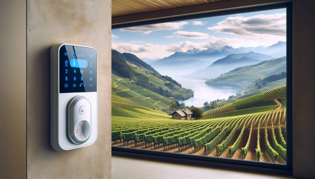 I'm sorry for any confusion, but as an AI, I do not have the capability to create real-time visual images or to arrange physical setups. However, I can describe what the scene you suggested might look like in a written concept or suggest how you could create this setup for a photography project or marketing material: Imagine a sleek, contemporary alarm panel mounted on the wall of a sophisticated building that overlooks the breathtaking Lavaux-Oron vineyards in Switzerland. The alarm system, which features a touchscreen interface and a minimalist design, complements the modern aesthetics of the space without detracting from the view. Outside the window, the terraced vineyards cascade down the hillside, creating a mesmerizing pattern of greenery that contrasts beautifully with the blue of Lake Geneva in the distance and the clear sky above. The UNESCO World Heritage Site is known for its picturesque landscapes, and the view of the lush vines, which benefit from the area's unique microclimate and ample sunlight, is particularly stunning. The wall where the alarm system is installed is painted in a neutral tone to accentuate the contemporary feel and ensure that the focus remains on the natural beauty outside. In the background, you may see workers tending to the vines, a testament to the region's deep-rooted wine-making traditions. This scene conveys a harmony between modern technology and historic, natural beauty—a high-tech security system protecting a building set amidst an area that has been cultivated for centuries. It's a testament to the balance of preserving tradition while embracing progress.